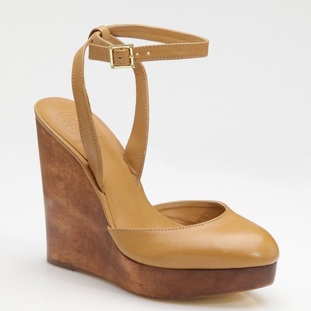 Tory Burch Drea Tan Leather and Wood Platform Wedge Size 10.5